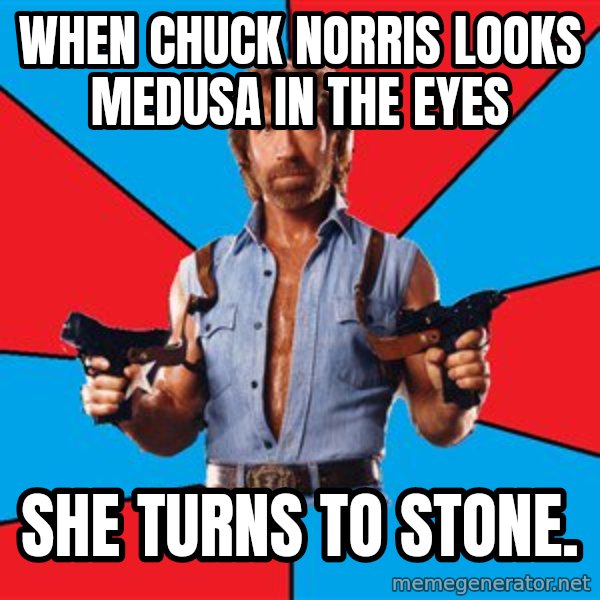 Chuck Norris  meme: when chuck norris looks medusa in the eyes / she turns to stone.