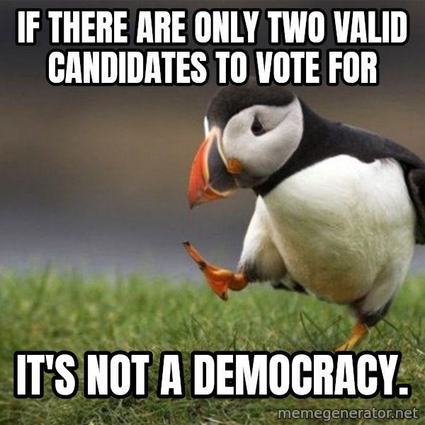 Unpopular Opinion Puffin meme: if there are only two valid candidates to vote for / it's not a democracy.