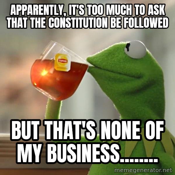 Kermit The Frog Drinking Tea meme: Apparently, it's too much to ask that the constitution be followed / but that's none of my business........