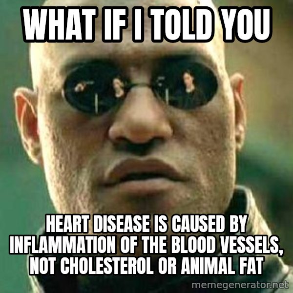 What if I told you / Matrix Morpheus meme: What if I told you / Heart disease is caused by inflammation of the blood vessels, not cholesterol or animal fat