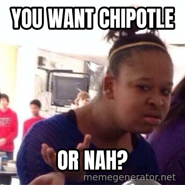 Confused Black Girl meme: You want chipotle / Or nah?