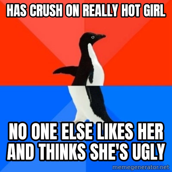 Socially Awesome Awkward Penguin meme: has crush on really hot girl / no one else likes her and thinks she's ugly