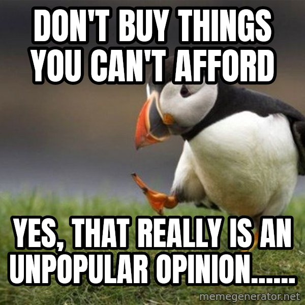 Unpopular Opinion Puffin meme: Don't buy things you can't afford / Yes, that really is an unpopular opinion......