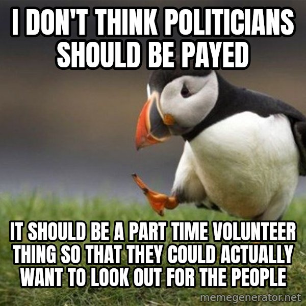Unpopular Opinion Puffin meme: I don't think politicians should be payed / It should be a part time volunteer thing so that they could actually want to look out for the people
