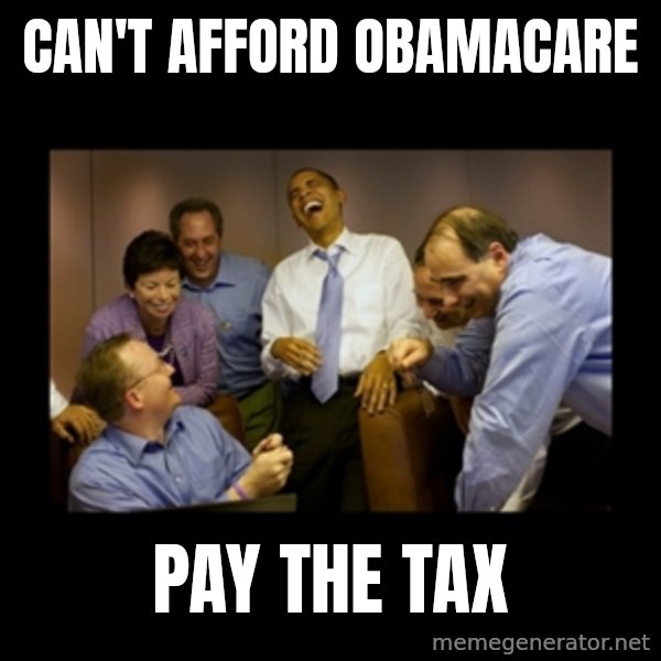 obama laughing  meme: can't afford obamacare / pay the tax