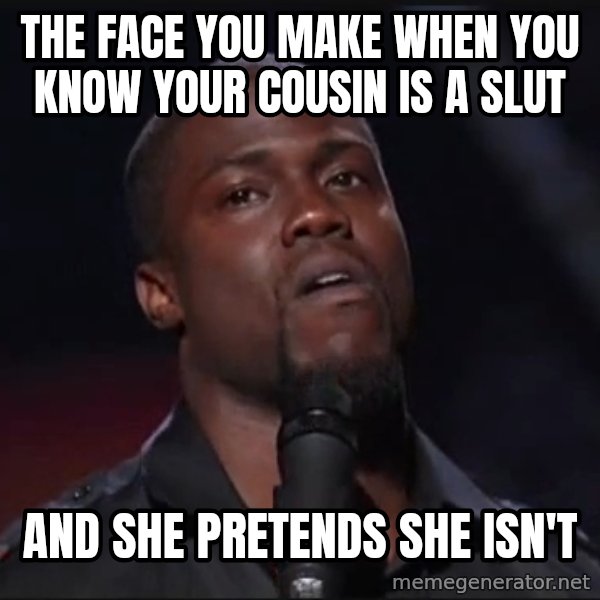 Kevin Hart Face meme: the face you make when you know your cousin is a slut / and she pretends she isn't