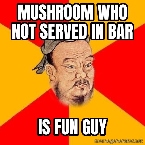 Wise Confucius meme: mushroom who not served in bar / is fun guy