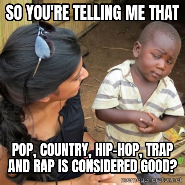 So You're Telling me meme: So you're telling me that / Pop, Country, Hip-Hop, Trap and Rap is considered good?