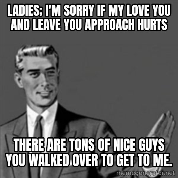 Correction Guy meme: Ladies; i'm Sorry if my Love you and leave you approach hurts / There are tons of nice guys you walked over to get to me.