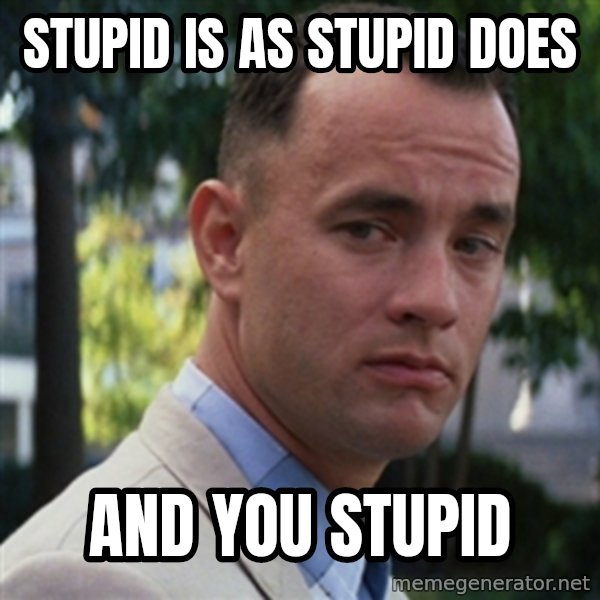 forrest gump meme: Stupid is as stupid does / AND YOU STUPID