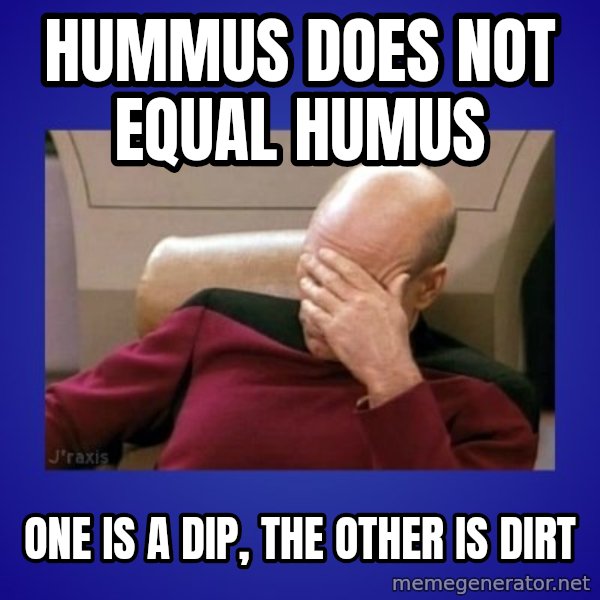 Picard facepalm  meme: hummus does not equal humus / one is a dip, the other is dirt