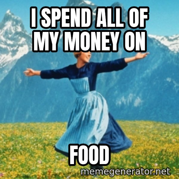 Sound Of Music Lady meme: I spend all of my money on / Food