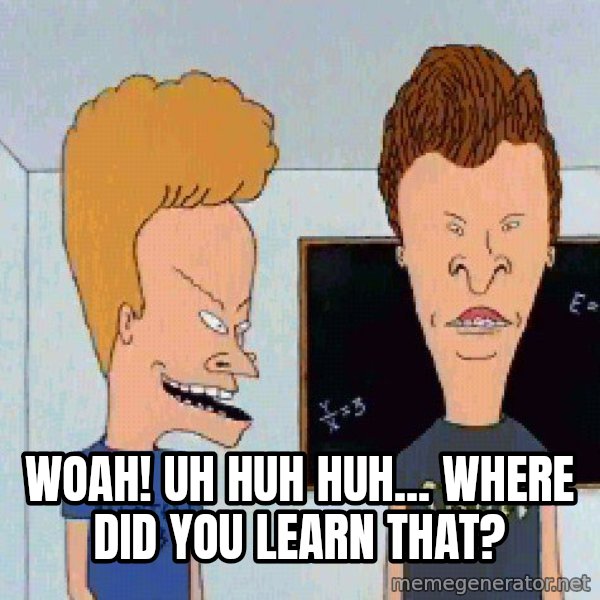 Beavis and butthead meme: woah! uh huh huh... where did you learn that?