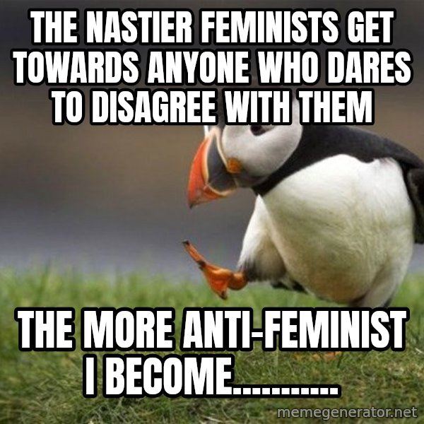 Unpopular Opinion Puffin meme: The nastier feminists get towards anyone who dares to disagree with them / The more anti-feminist I become...........