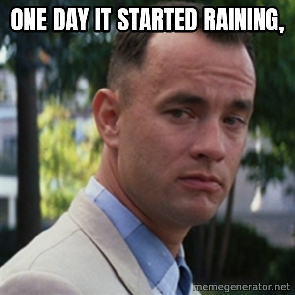 forrest gump meme: One day it started raining,