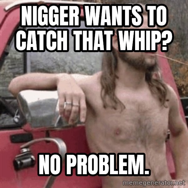 Almost Politically Correct Redneck meme: Nigger wants to catch that whip? / No problem.