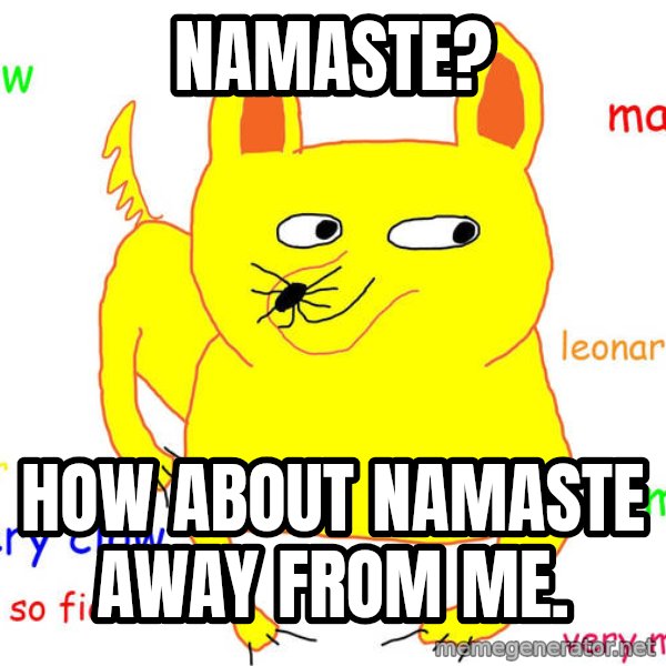 Grumpy Cat  meme: namaste? / how about namaste away from me.