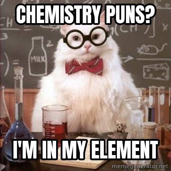 Chemistry Cat meme: CHEMISTRY PUNS? / I'M IN MY ELEMENT