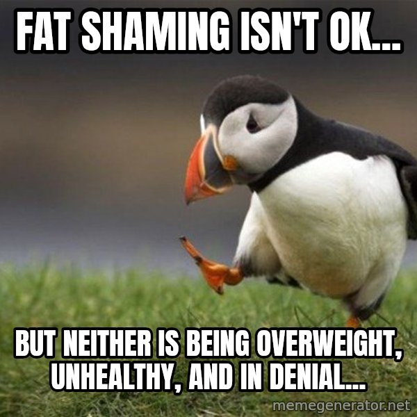 Unpopular Opinion Puffin meme: Fat shaming isn't ok... / But neither is being overweight, unhealthy, and in denial...
