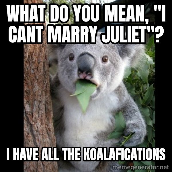 Koala can't believe it meme: What do you mean, "I cant marry Juliet"? / I have all the koalafications