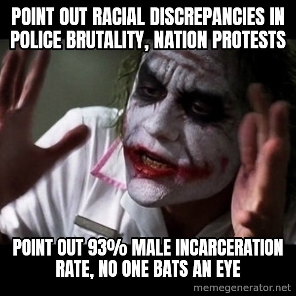 joker mind loss meme: point out racial discrepancies in police brutality, nation protests / point out 93% male incarceration rate, no one bats an eye