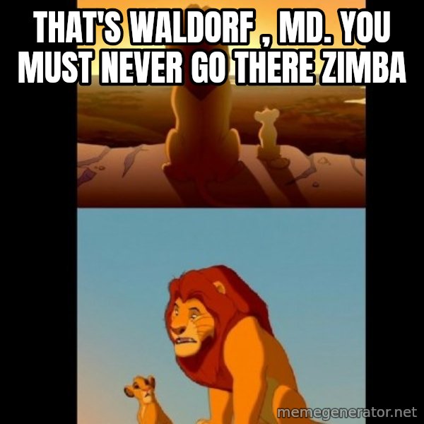Lion King Shadowy Place meme: That's Waldorf , MD.  you must never go there Zimba