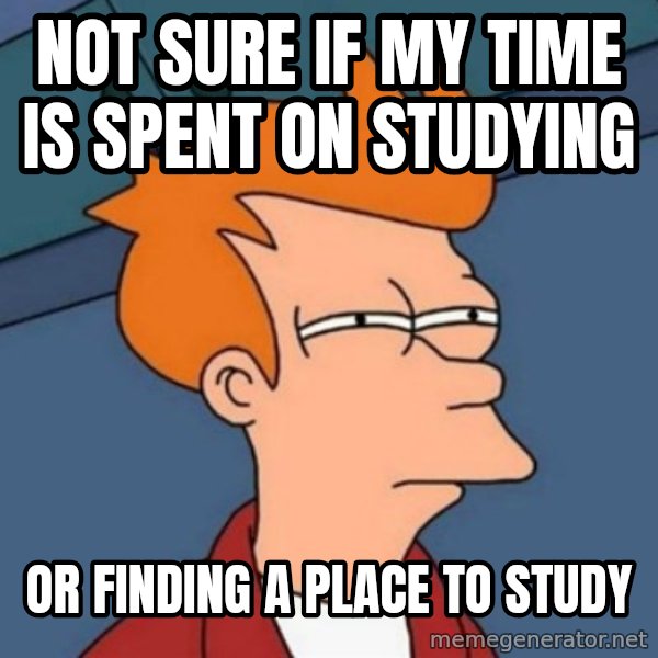 Not sure if troll meme: Not sure if my time is spent on studying / or finding a place to study