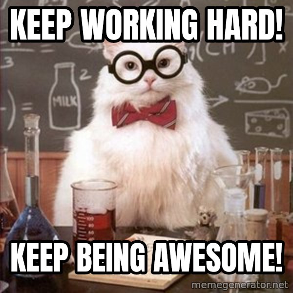 Chemistry Cat meme: Keep working hard! / Keep being awesome!