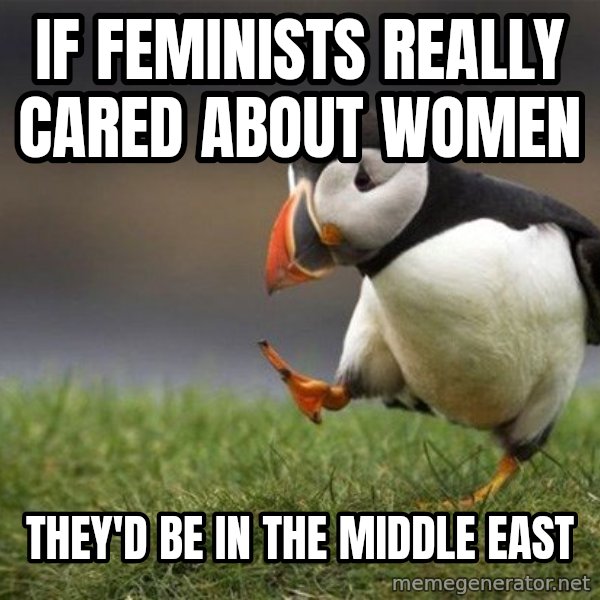 Unpopular Opinion Puffin meme: If feminists really cared about women / They'd be in the Middle East
