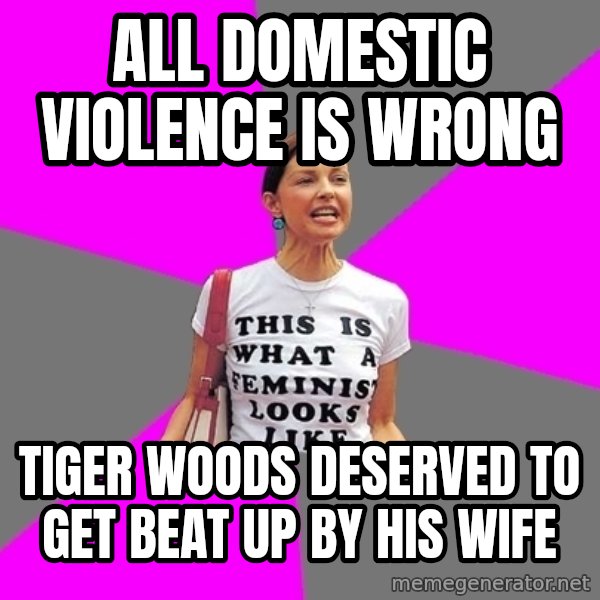 Feminist Cunt meme: all domestic violence is wrong / tiger woods deserved to get beat up by his wife