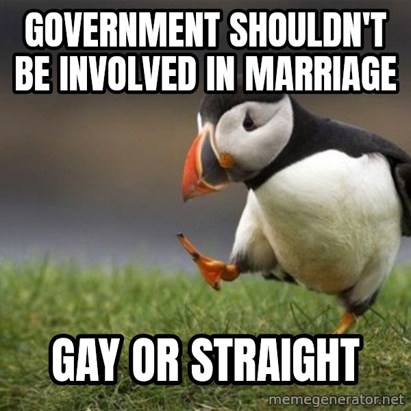 Unpopular Opinion Puffin meme: Government shouldn't be involved in marriage / Gay or straight