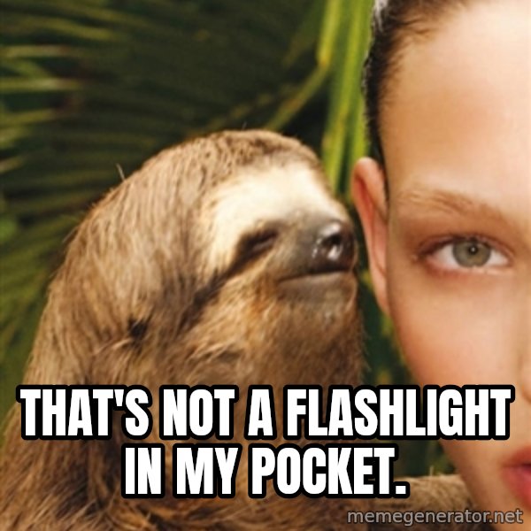 The Rape Sloth meme: That's not a flashlight in my pocket.