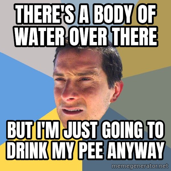 Bear Grylls meme: THERE'S A BODY OF WATER OVER THERE / BUT I'M JUST GOING TO DRINK MY PEE ANYWAY