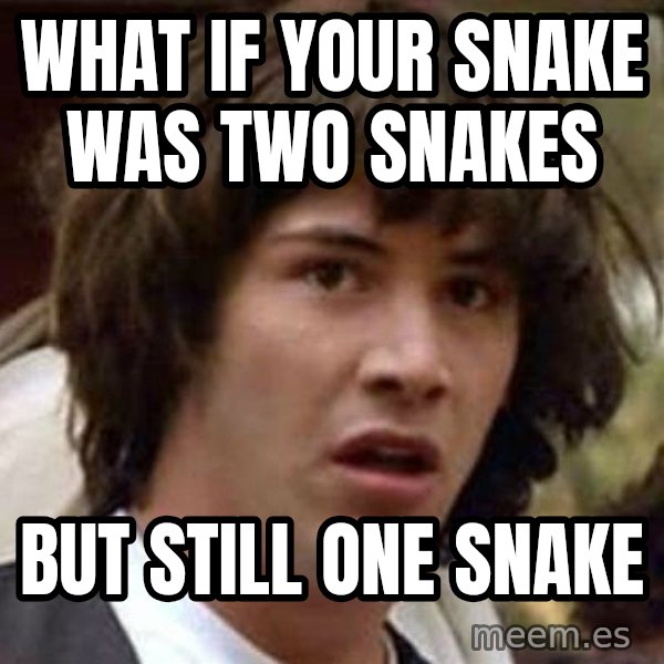 Conspiracy Keanu meme: what if your snake was two snakes / but still one snake