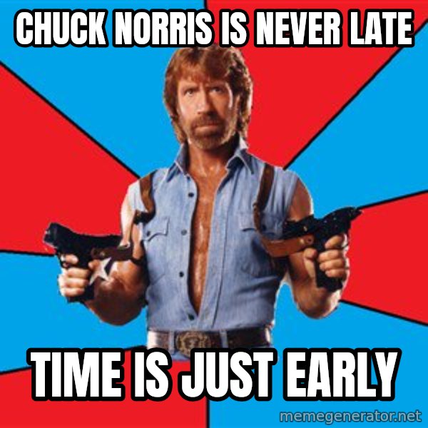 Chuck Norris  meme: Chuck Norris is never late / Time is just early