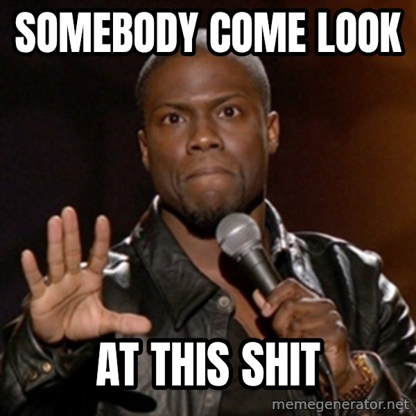 Kevin Hart meme: somebody come look / at this shit