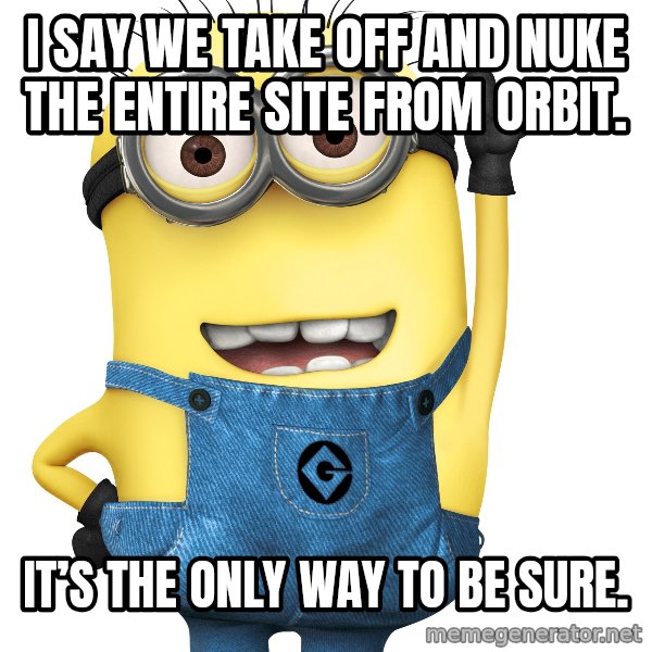 Despicable Me Minion meme: I say we take off and nuke the entire site from orbit. / It’s the only way to be sure.