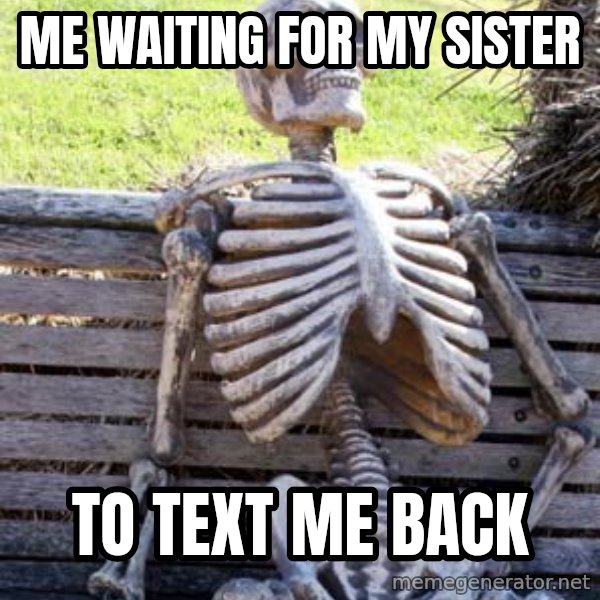Waiting Skeleton meme: Me waiting for my sister / to text me back