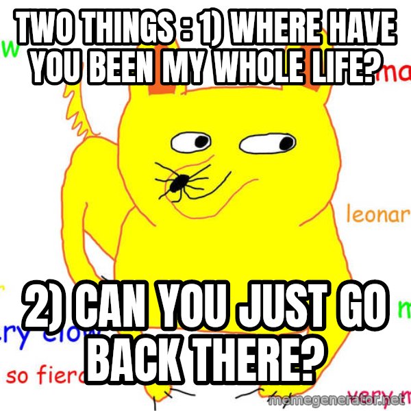 Grumpy Cat  meme: two things : 1) Where have you been my whole life? / 2) Can you just go back there?