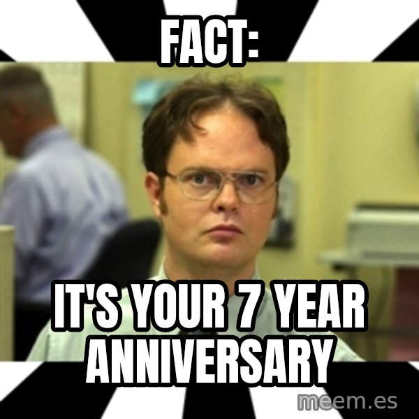 Dwight from the Office meme: Fact: / It's your 7 year anniversary