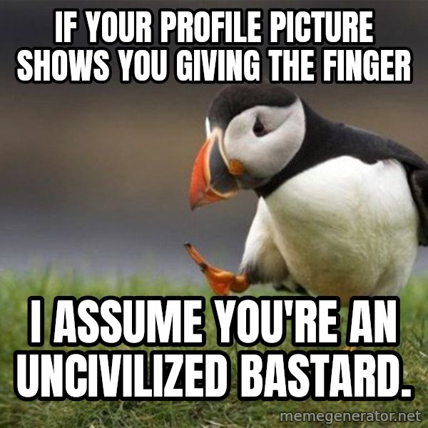 Unpopular Opinion Puffin meme: If your profile picture shows you giving the finger / I assume you're an uncivilized bastard.