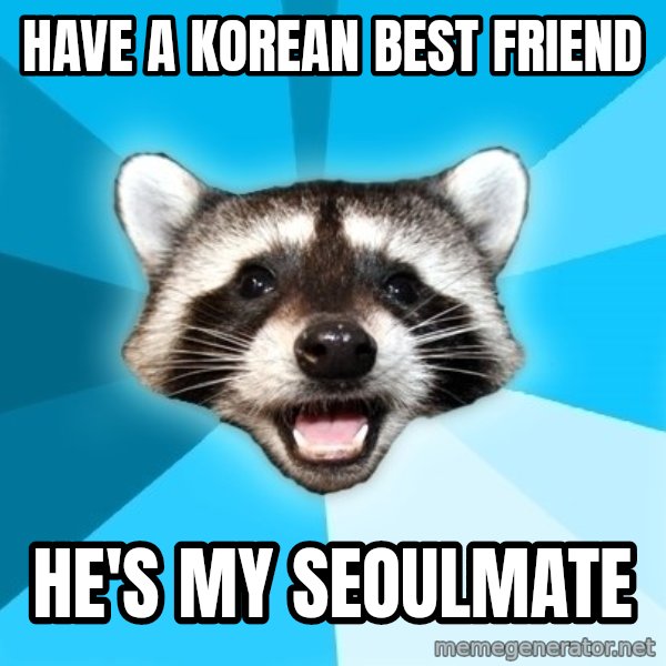 Lame Pun Coon meme: Have a korean best friend / He's my Seoulmate