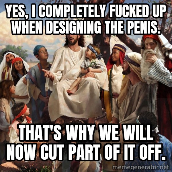 storytime jesus meme: Yes, I completely fucked up when designing the penis. / That's why we will now cut part of it off.