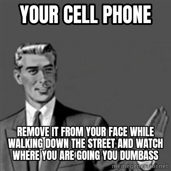 Correction Guy meme: your cell phone / remove it from your face while walking down the street and watch where you are going you dumbass