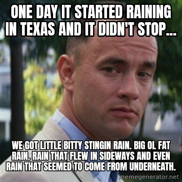 forrest gump meme: One day it started raining in Texas and it didn't stop... / We got little bitty stingin rain. Big ol fat rain. Rain that flew in sideways and even rain that seemed to come from underneath.