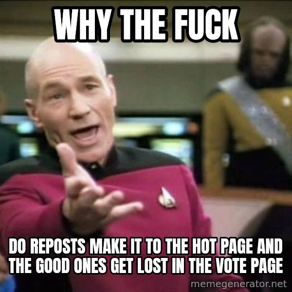 Why the fuck meme: why the fuck / do reposts make it to the hot page and the good ones get lost in the vote page