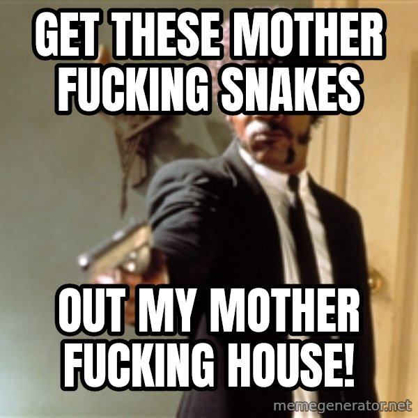 Samuel L Jackson meme: Get these mother fucking snakes / out my mother fucking house!