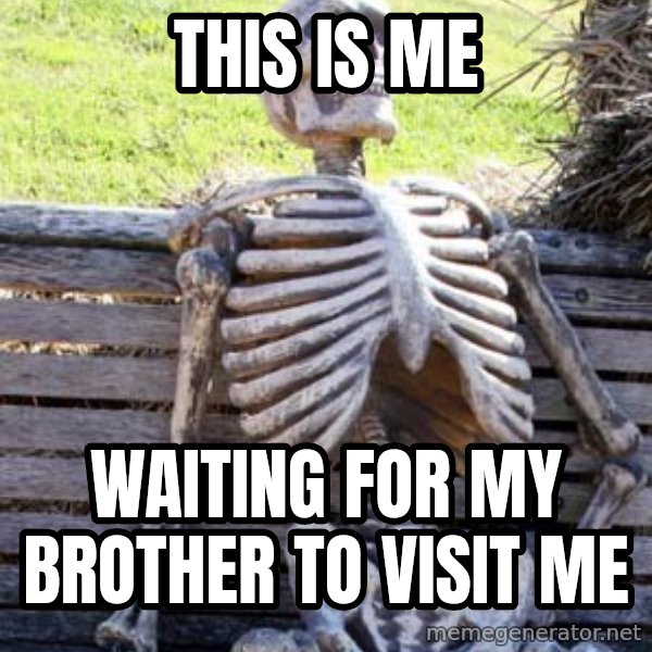 Waiting Skeleton meme: THIS IS ME / WAITING FOR MY BROTHER TO VISIT ME