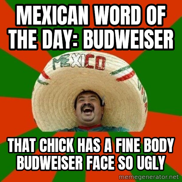 Successful Mexican meme: MEXICAN WORD OF THE DAY: BUDWEISER / THAT CHICK HAS A FINE BODY BUDWEISER FACE SO UGLY
