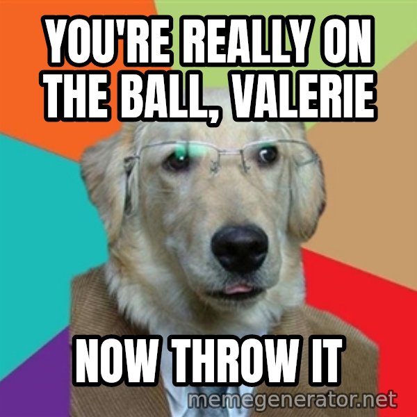 Business Dog meme: you're really on the ball, Valerie / now throw it
